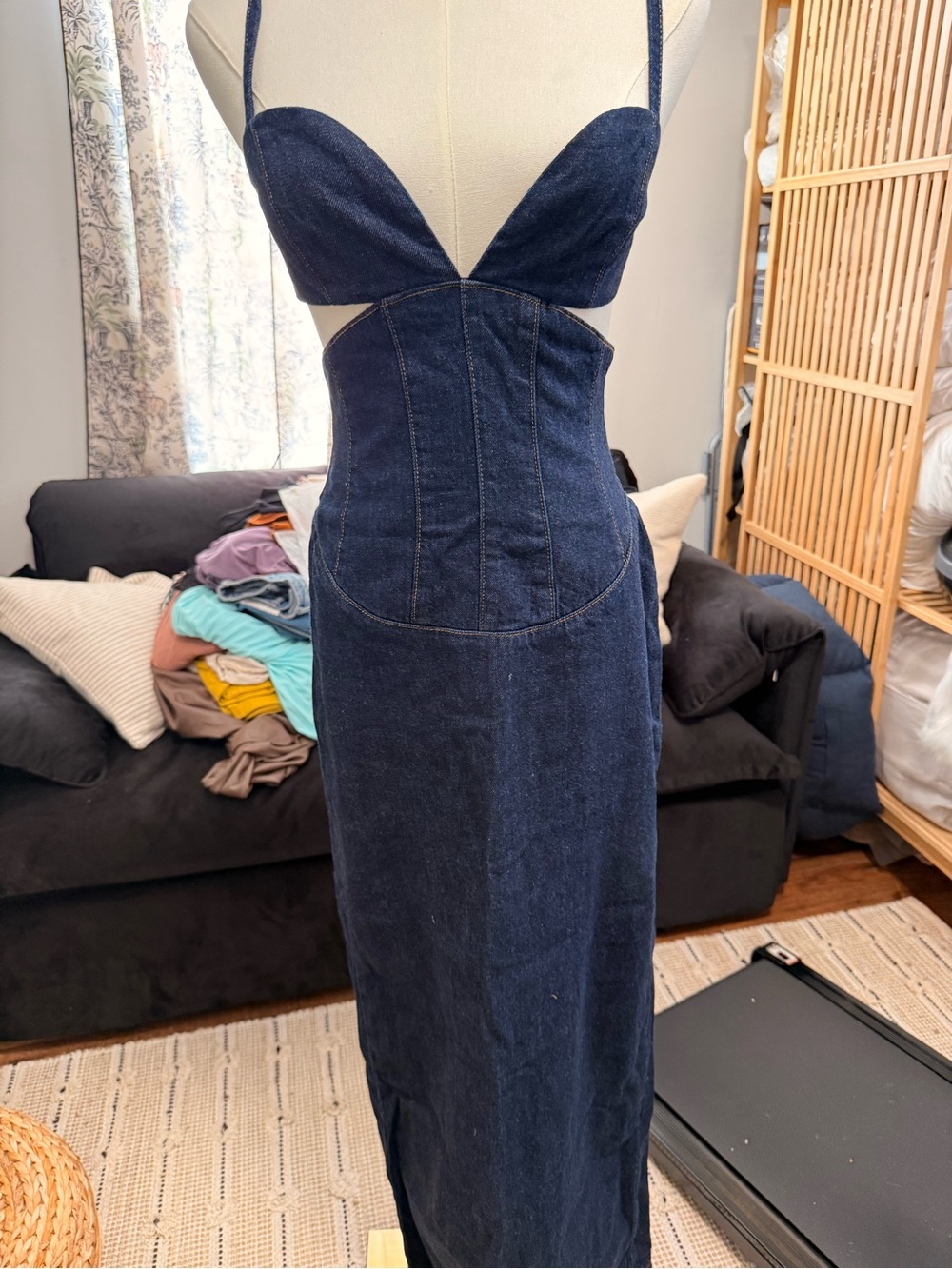 Meshki - Women’s Dark Blue Denim Bustier Maxi Skirt Dress